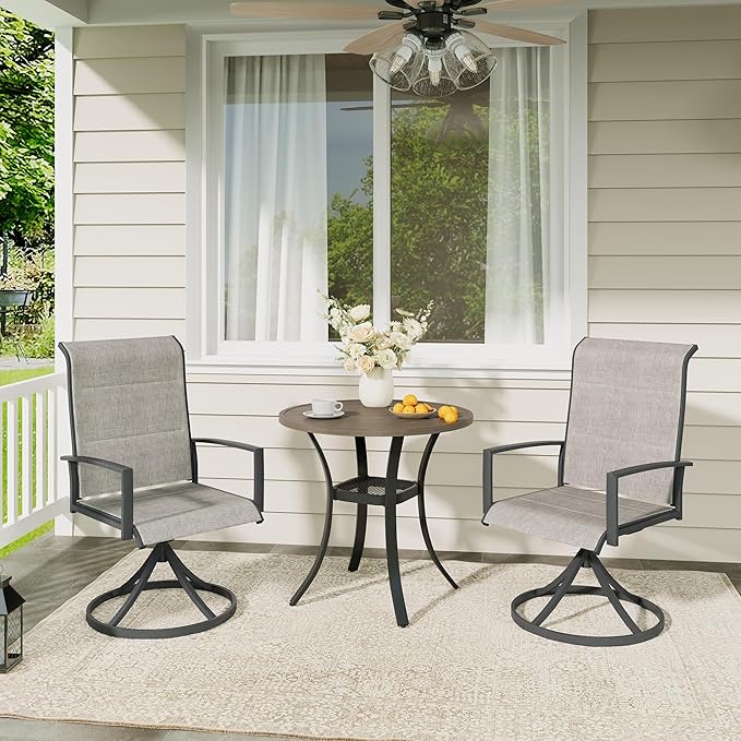 VICLLAX 3 Pieces Outdoor Dining Set, Patio Furniture Set Includes 27.6" Round Metal Table W/ 1.9" Umbrella Hole and 2 Padded Textilene Swivel Chairs for Porch, Lawn, Garden, Backyard