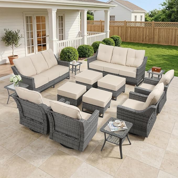 14 Piece Patio Furniture Set, 360°Swivel Glider Patio Chairs Set of 4, Outdoor 4 Ottomans,2 Sofas, 4 Side Tables Comfortable Seating with 6 Inch Thick Cushions, All-Weather Wicker Outdoor Patio Set