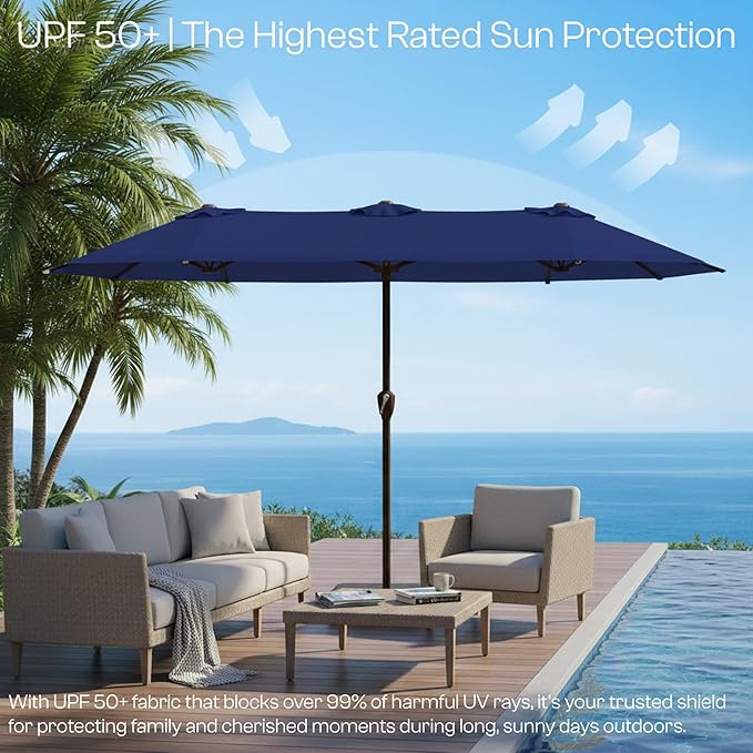 15FT Large Patio Umbrella with Base, Double Sided Rectangular Outdoor Umbrella with Sturdy Fiberglass Ribs, UPF 50+ Sun Protection, Wind-Resistant, Waterproof Fade-Resistant Fabric for Pool, Garden, Backyard, Deck(Navy)