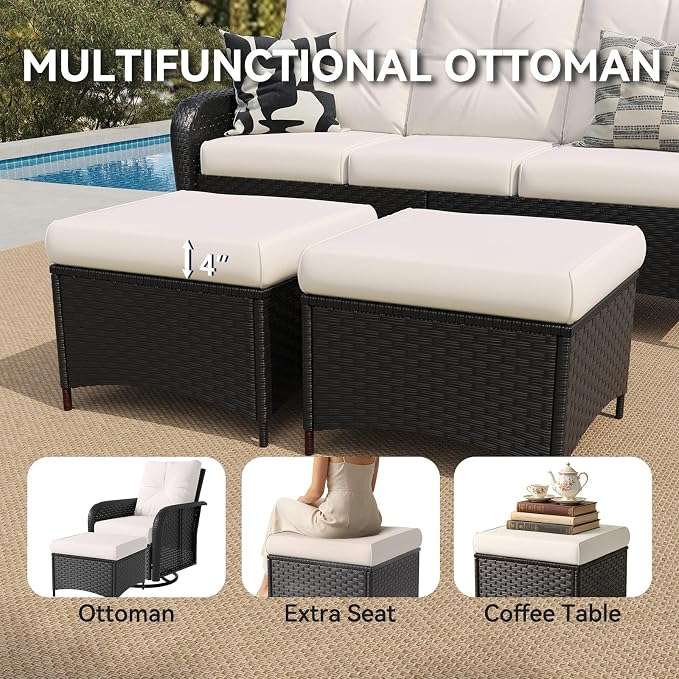 LazySunsets 9 Piece Outdoor Patio Furniture Set with Coffee Table, Wicker Rattan Outdoor Furniture with High Back Swivel Rocker Chairs, Outdoor Conversation Sets with Thick Cushions & Ottoman, Beige
