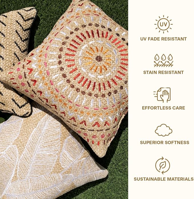 Honeycomb Outdoor Square Toss Pillows for Patio Furniture, 17 x 17, 2-Pack | Raffia Medallion Slate Throw Pillows, Water & Fade Resistant for Patio Furniture Set, 2-Pack
