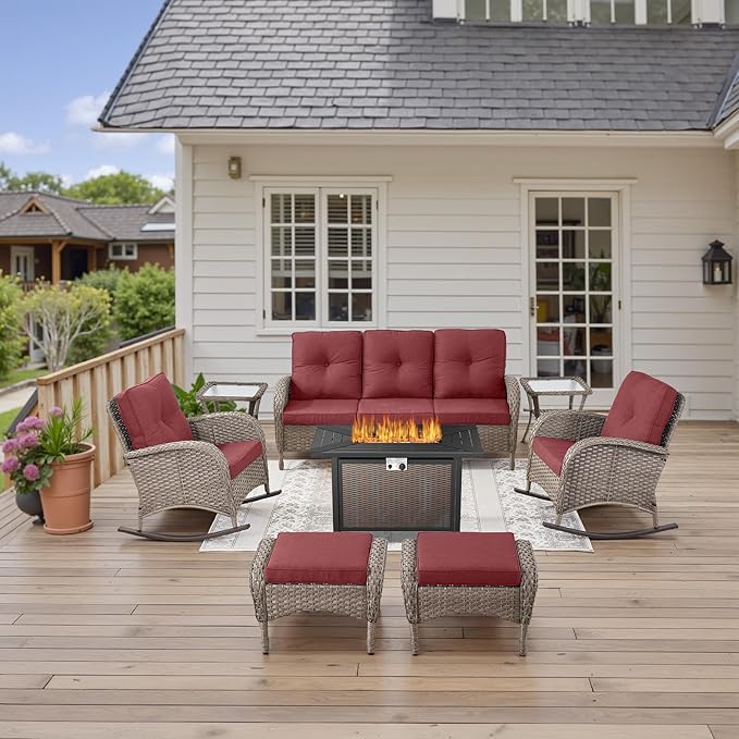 Belord Patio Furniture Set with Fire Pit Table - 8 Piece Outdoor Wicker Furniture Set with 43" 50000 BTU Propane Fire Pit and Rocking Chairs Patio Conversation Set for Deck Outside Backyard Red