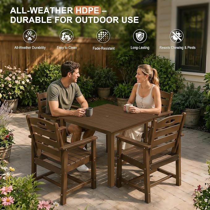 Domi HDPE Outdoor Dining Set, All-Weather Outdoor Dining Table Set of 5 with 2" Umbrella Hole, Outdoor Patio Dining Set for Garden, Poolside, Backyard, Deck, Brown
