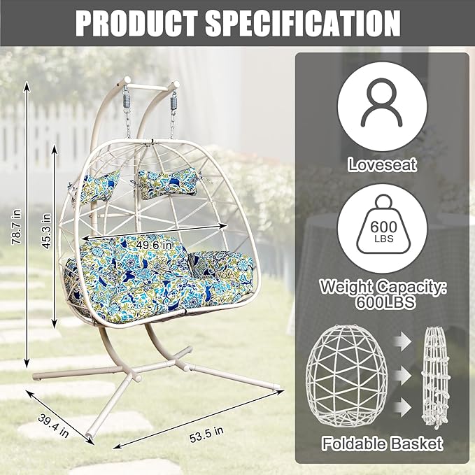 Double Egg-Shaped Hammock Chair with Stand Swing Egg Chair, Wicker Hanging Chair with Washable Cushion Sturdy Metal Stand, 600lbs Capacity for Indoor Outdoor Patio Living Room Etc(White+Morocco Dream)