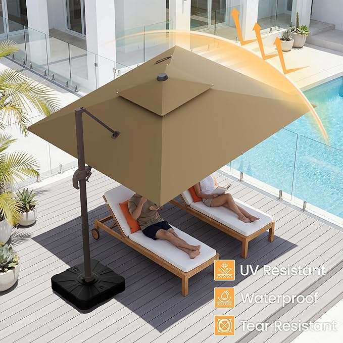 HASLE OUTFITTERS 10x10 FT Patio Cantilever Umbrella, Outdoor Offset Large Square Heavy Duty Double Top Umbrellas with 360° Rotation for Pool Garden Deck，Tan