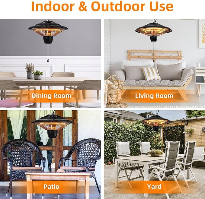Patio Heater for Outdoor Use, 1500W Hanging Heater with Pull String Control, 2 Adjustable Heating Levels, Overheat Protection, Ultra Quiet Electric Heater for Porch Balcony Garage Living Room