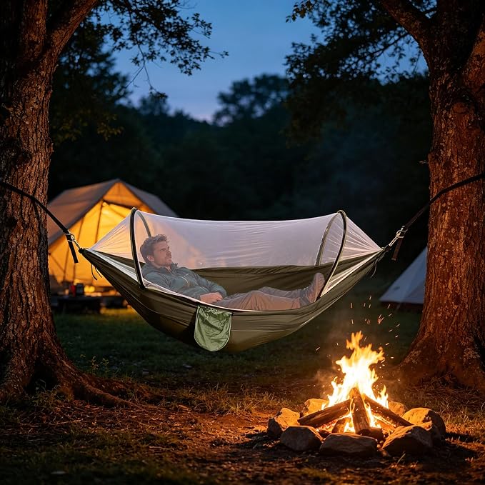 Heavy Duty Hammock with Mosquito Net–Canvas Hammock, Fade-Resistant Cotton Lounger, Roll-Free Comfort Design, Easy Setup for Backyard, Porch, Garden, Camping, Travel (Army Green)