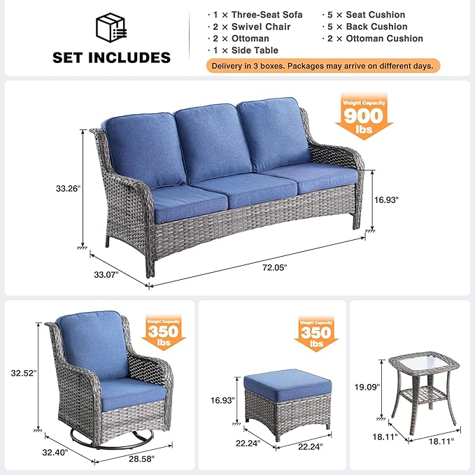 ovios 6-Pieces Patio Furniture Set with Swivel Chairs, Outdoor Wicker Sofa Couch Gliders Rocker Comfy Cushions, High Back Modern Conversation Set, Grey Rattan, Denim Blue