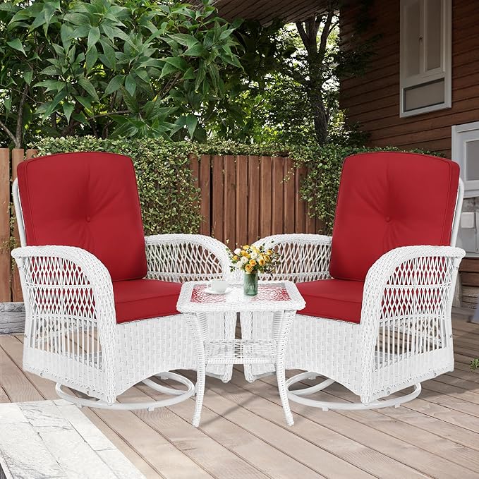 MEETWARM 3-Piece Outdoor Wicker Swivel Rocker Patio Set, Rocking Chairs Rattan Patio Furniture with Thickened Cushion and Glass-Top Coffee Table, Conversation Bistro Set, White Wicker/Red