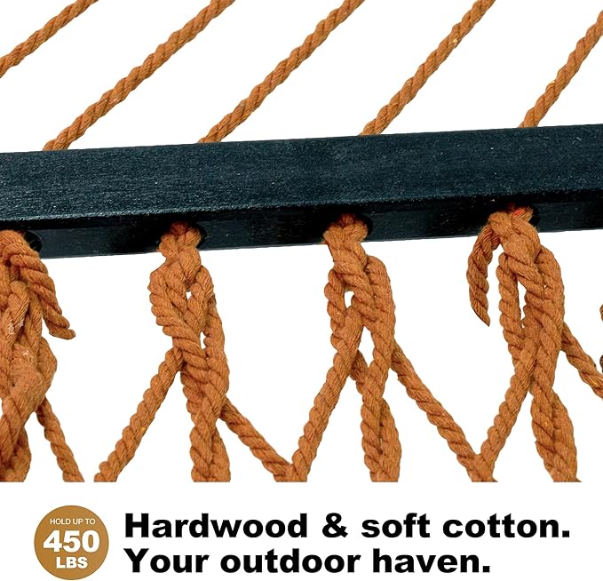 Single Rope Hammocks for Outside, Traditional Hand Woven Cotton Hammock with Hardwood Spreader Bar, Max 450 lbs Capacity (Coffee Brown, Small)