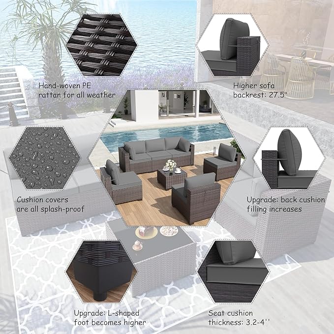 ALAULM 7 Pieces Patio Furniture Set Wicker Patio Conversation Set, Outdoor Sectional Furniture w/Coffee Table & Washable Seat Cushions-Grey