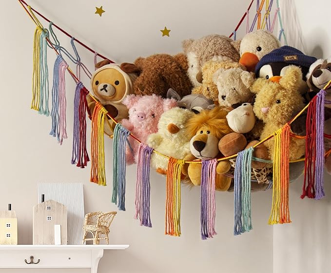 Stuffed Animal Hammock Corner with LED Light - Toy Storage Hammock Plushie Net Large - Cute Stuff Animals Holder Hanging Organizer - Baby Room Rainbow Decor Kids Toddler Nursery Bedroom