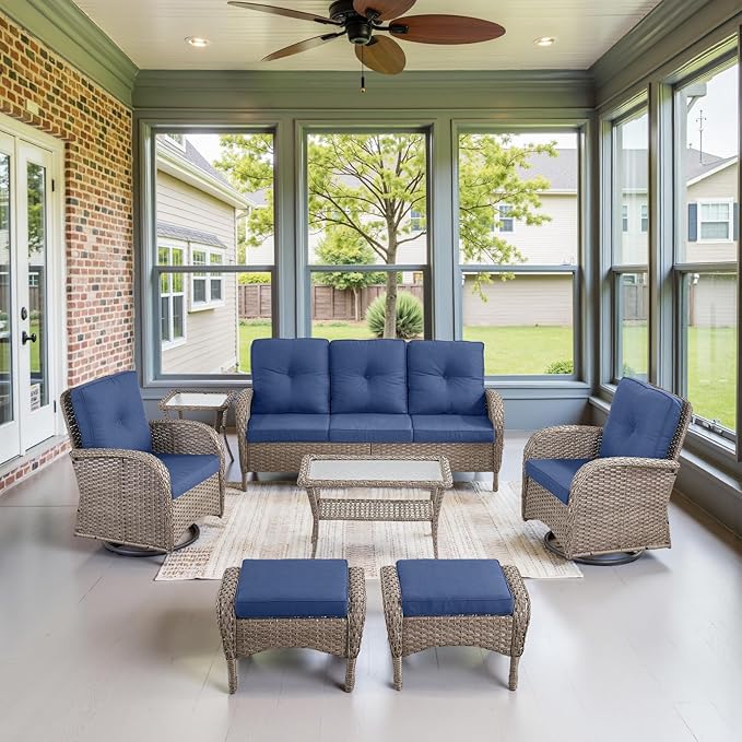 Belord Wicker Outdoor Furniture Set - 7 Piece Patio Conversation Sets with Comfort Swivel Rocker Glider Patio Chairs Set of 2 and Rattan Sofa, Tempered Glass Coffee Table and Side Table,Gray/Blue