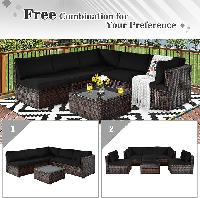 Tangkula 6 Pieces Patio Furniture Set, Outdoor Wicker Conversation Set with Glass Coffee Table, Wicker Sofa Set with Back & Seat Cushions, Rattan Sectional Conversation Couch Set for Backyard Garden