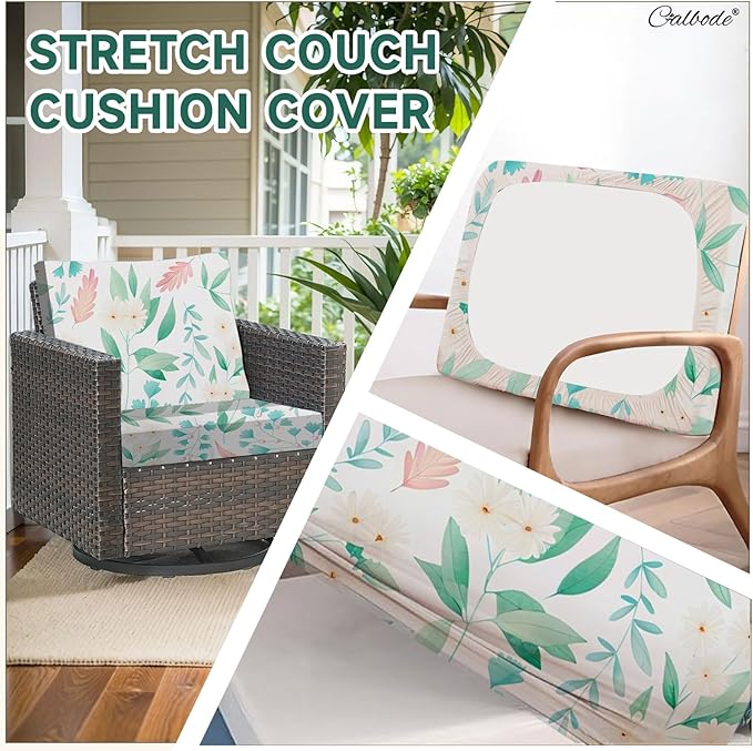 CALBODE 12Pcs Stretch Patio Cushion Cover, Fresh Botanical Printed Couch & Sofa Slipcovers for Patio Furniture Cushions Washable Reusable Couch Covers Replacement for Spring Summer (Cover Only)