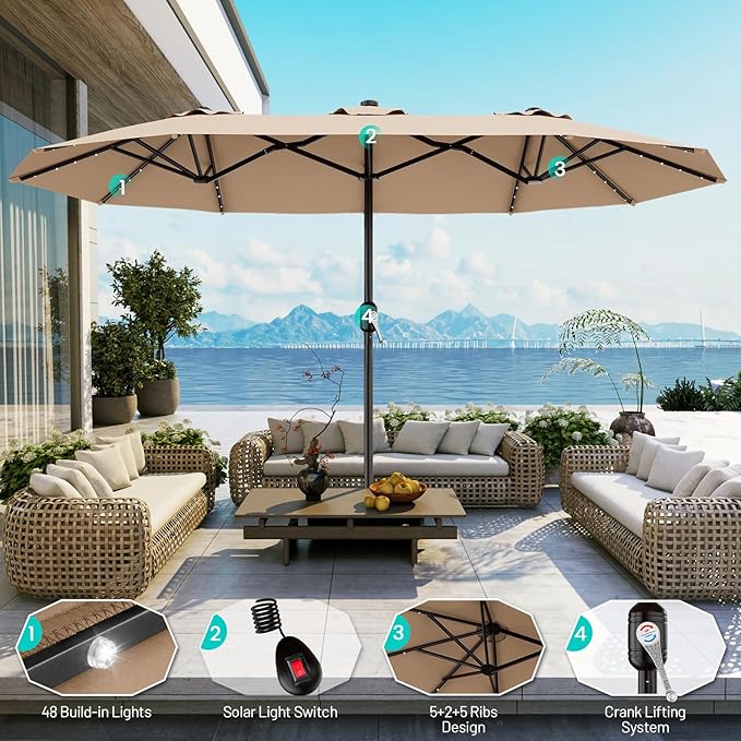 AreShark 13 FT Patio Umbrella with Solar Lights, Double-Sided Outdoor Table Umbrellas with Crank, Large Rectangular Market Umbrella for Porch, Lawn, Pool, Backyard, Beige