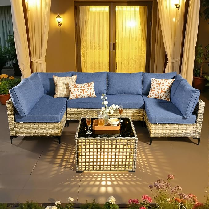 7 Pieces Patio Sectional Furniture Set, Outdoor Wicker Sectional Couch with Solar Lights Table, Modern Conversation Set for Porch Balcony Backyard, Denim Blue