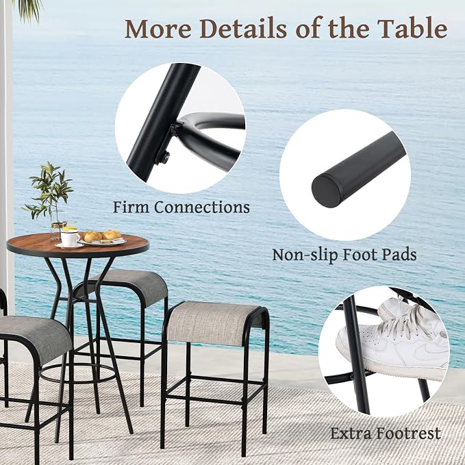 HAPPYGRILL Patio Bar Table with Umbrella Hole, 28” Outdoor Bar Height Table with Faux Wooden Top, Footrest, Patio Bistro Table for Poolside, Backyard, Garden