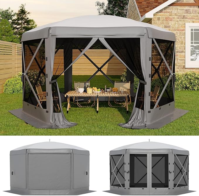 GarveeLife 13x13FT 6-Sided Pop Up Canopy Tent，One-Push Setup Canopy Tent with Removable Canopy Top & Wind Cloths, Outdoor shelter for Camping, Backyard Parties, Outdoor Events - Grey