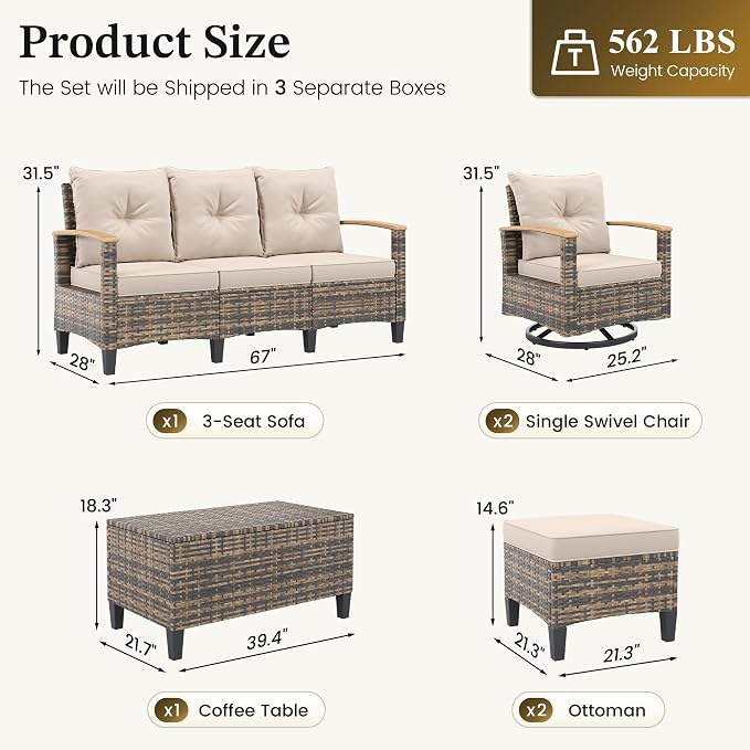 UDPATIO Patio Furniture Set with Swivel Chairs, 6 Pieces Outdoor Wicker Conversation Set with Storage Table for Lawn, Porch, Garden, Backyard, Khaki