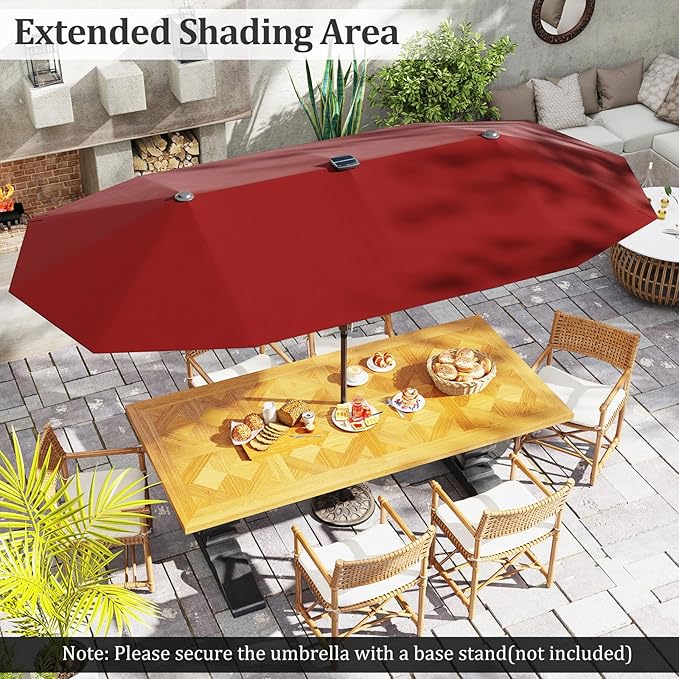 HAPPYGRILL 13 FT Double-sided Patio Umbrella with Solar Lights, Crank Handle & 12 Heavy-Duty Ribs, Outdoor Twin Size Oversized Rectangle Market Umbrella for Garden Deck Poolside