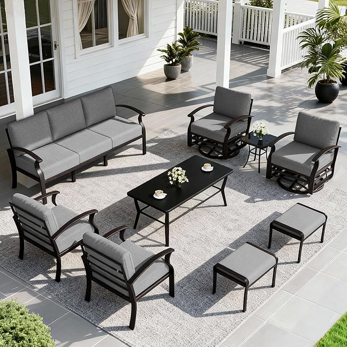 ALAULM Aluminum Patio Furniture Set with Coffee Table Rectangular, 9-seat Outdoor Sectional Furniture w/Swivel Chairs and 2 Ottomans, Patio Conversation Set for Porch, Backyard, Poolside-Grey