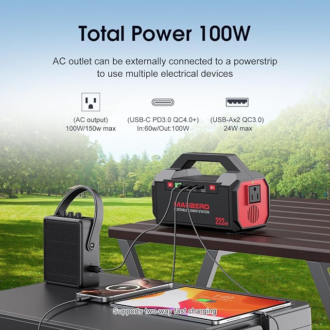 MARBERO Portable Power Station 222Wh Battery Pack 100W (150W Surge) Power Bank Flashlight High Lumens Fast Charging Power Bank with AC Outlet for Outdoor Camping Hurricane Backup Emergencies