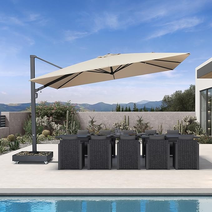 PURPLE LEAF 13' X 10' Space Saving Rectangle Patio Umbrella Large Outdoor Aluminum Offset Umbrella with 360-degree Rotation Cantilever Umbrella with Base Included for Garden Deck Backyard Pool Beige