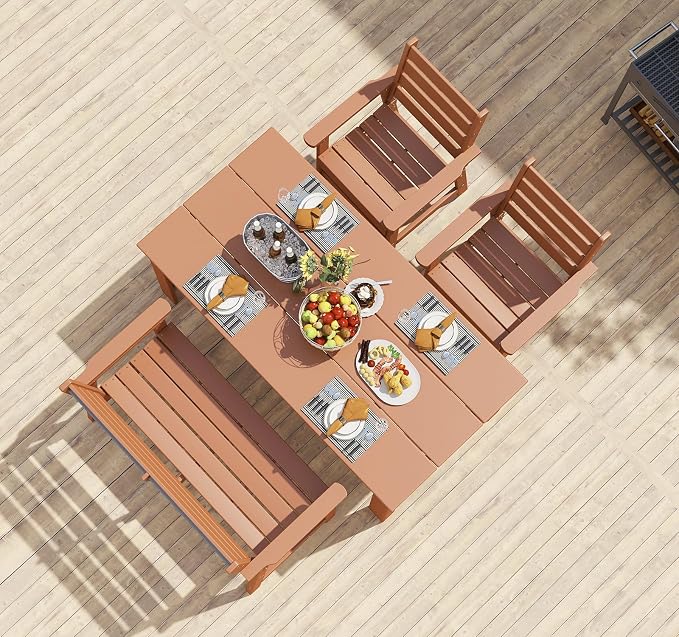 BRIOPAWS Outdoor-Dining-Table-Set | 4 Piece | HDPE | 1 Bench and 2 Chairs Sets for 4 | Patio Dinner Furniture | All Weather | Umbrella Hole | for Poolside Deck Backyard Outdoors | Teak