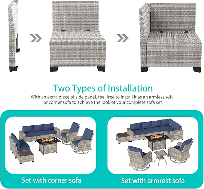 10-Piece Outdoor Patio Furniture Set with Rocking Swivel Chair, PE Wicker Rattan Sectional Sofa Patio Conversation Set with 55,000 BTU Fire Pit Table & Coffee Table, Navy Blue