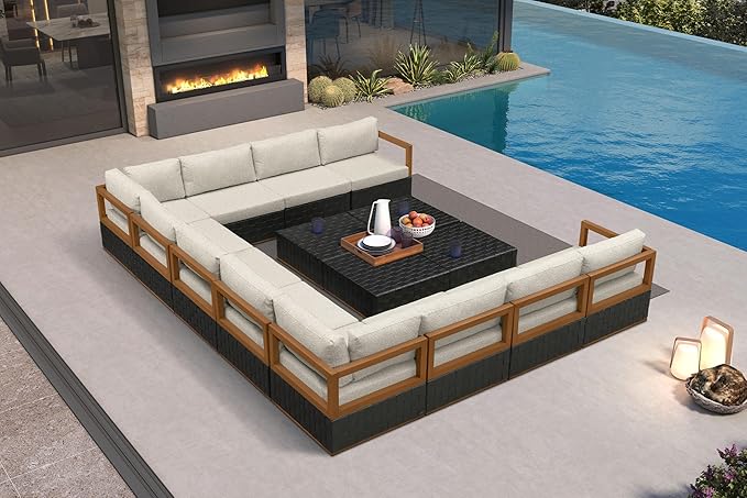 PURPLE LEAF Patio Outdoor Furniture Set 15 Pieces, Premium Leather Outdoor Couch Sectional Sofa, Patio Conversation Sets with Olefin Cushions, Patio Couch for Porch, Balcony, Garden, Black