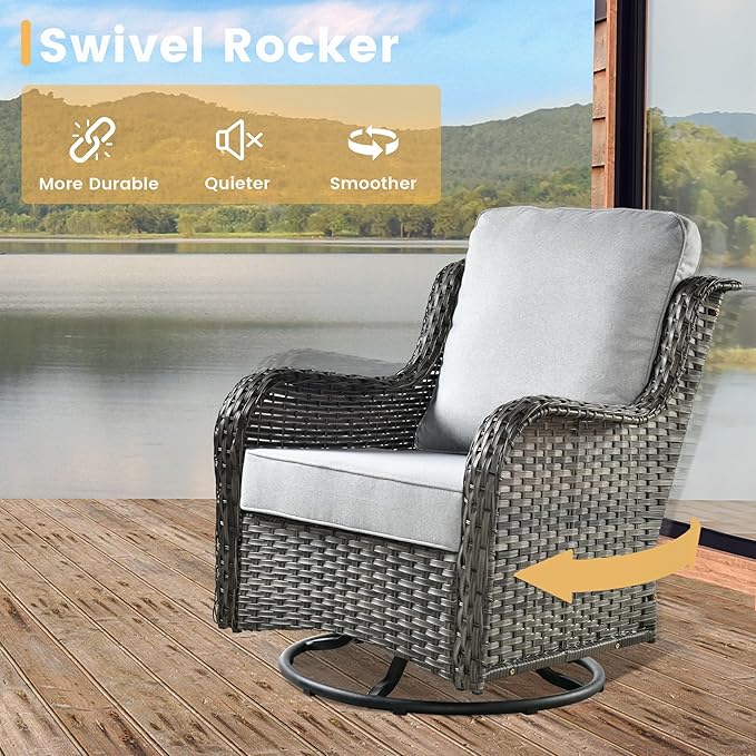 HOOOWOOO Outdoor Patio Furniture Set with Fire Pit 10 Pieces Patio Set with Fire Pit Wicker Outdoor Furniture with Fire Pit Table Set Patio Conversation Set with Swivel Chairs,Gray