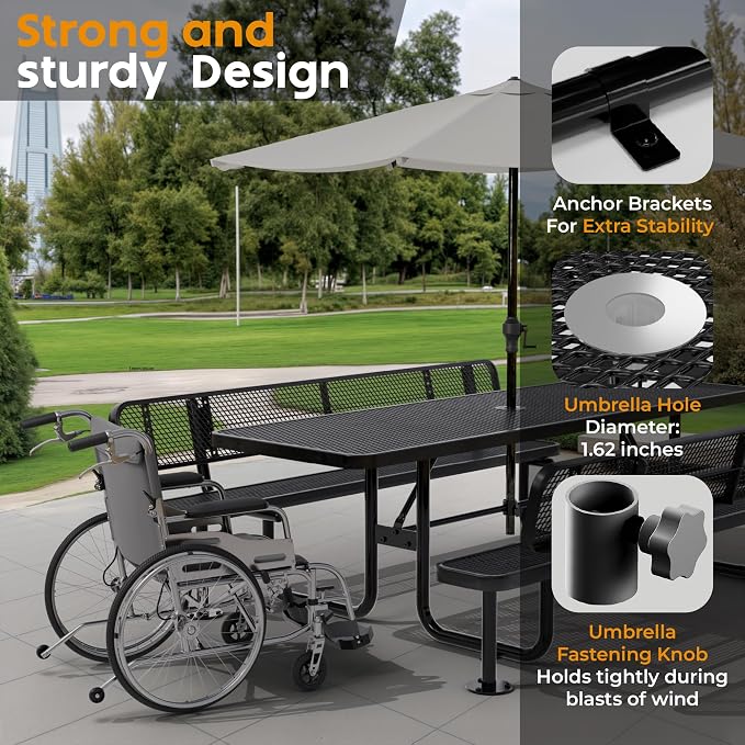 Commercial Heavy-Duty Metal Picnic Table (Black, 8' Rectangular with Back)