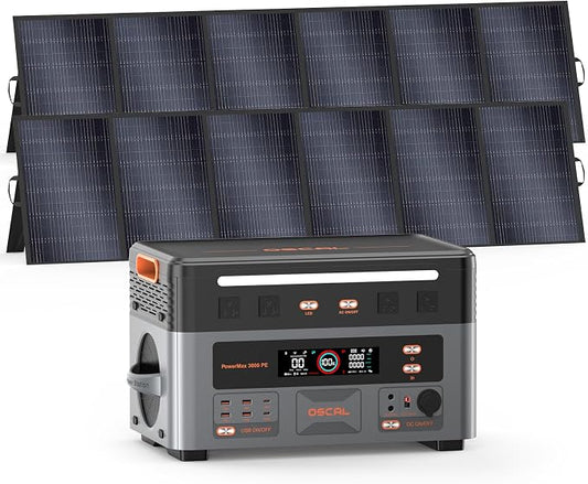 OSCAL 3600W with 2x500W Solar Panels, Portable Power Station, 2016Wh LiFePO4 Battery, 3600W(Peak 7200W) Solar Generator, 90 Min Fast Charge, 14 Ports, LED Light, Home Backup, RV, Camping & Outdoor