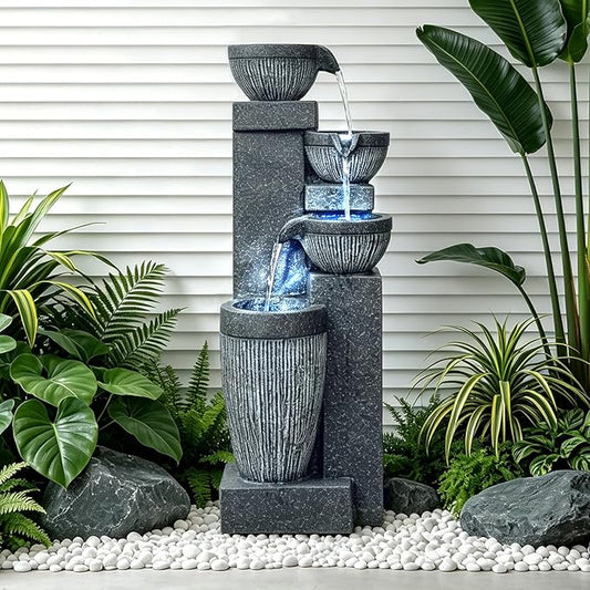 Outdoor Water Fountain 23.6 Inch Cascading Waterfall Fountain with LED Lights for Patio Garden Yard Balcony Resin Modern Outdoor Water Feature Relaxing Tabletop Style Landscape Décor