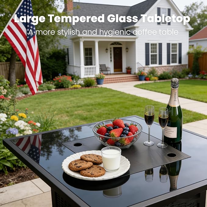 28" Square Fire Pit Table, Outdoor Propane Gas Firepit with Lid & Glass Wind Guard, 50,000 BTU, CSA Listed, Black Wicker Rattan for Patio, Garden, Backyard, Deck