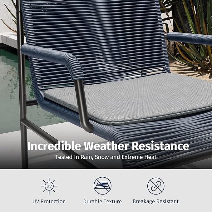East Oak 3-Piece Patio Furniture Set, Outdoor Bistro Set with PE Rattan Wicker Wide Chairs, Soft Cushions & Coffee Table, Modern All-Weather Wicker Patio Set for Garden and Porch, Navy Blue