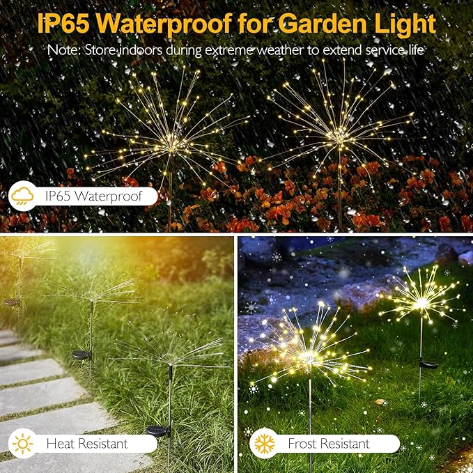 Solar Lights Outdoor, 2 Pack Solar Firework Lights Outdoor – 150 LED, 8 Modes, IP65 Waterproof Garden Pathway Decor | Warm White Solar Powered Stake for Yard, Patio, Easter & Holiday Decoration