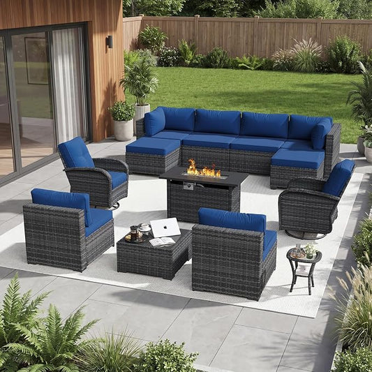 Aoxun 13 Piece Outdoor Patio Furniture Set with 44'' Fire Pit Table, Wicker Rattan Outdoor Furniture with High Back Swivel Rocker Chairs, Outdoor Sofa Set with Thick Cushion & Ottoman, Navy Blue