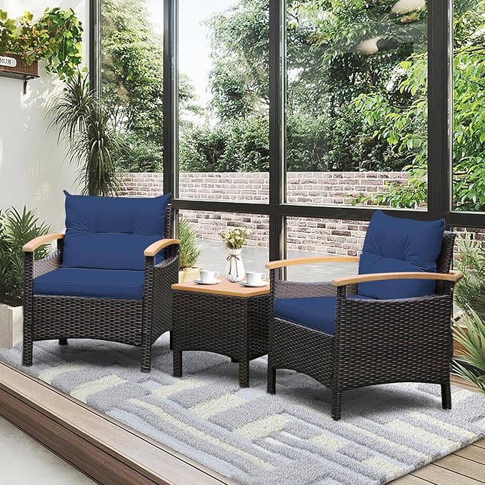 Tangkula 3-Piece Patio Furniture Set, Patiojoy Outdoor Rattan Sofa Set with Coffee Table, Patio Conversation Set with Removable Cushion, Cozy Acacia Wood Armrests for Backyard, Poolside (Navy)