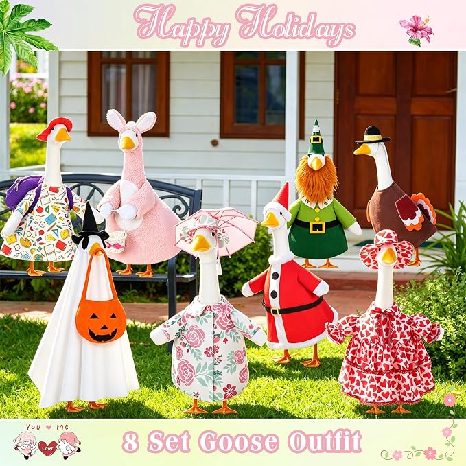 FuWeave 8 Set Holiday Porch Goose Outfits 17'' Goose Clothes Summer Fall Halloween Christmas Winter Thanksgiving Valentine St. Patrick Easter 4th of July Lawn Porch Geese Costume for Patio Yard Decor