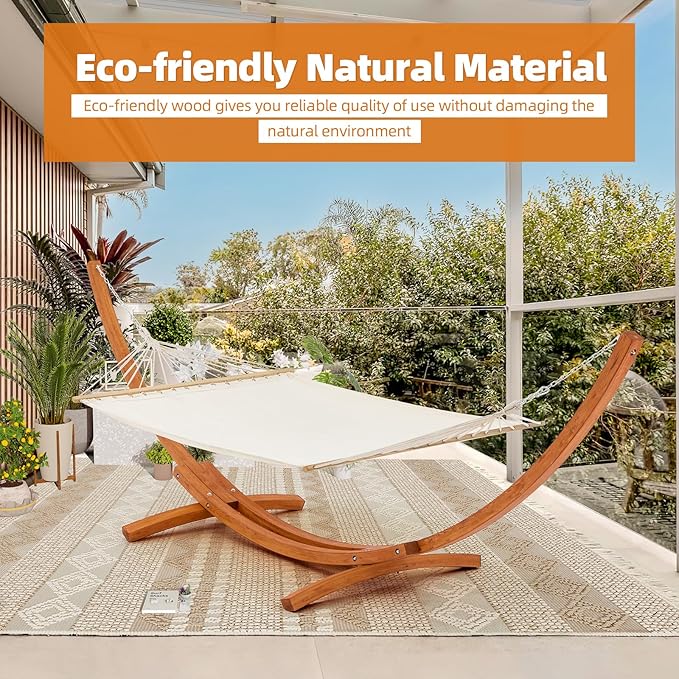 ECOTOUGE 14 FT Hammock with Stand, 2 Person Heavy Duty Hammock Stand, Large Hammock Bed for Porch, Patio, Balcony, Garden, Backyard, White-Yellow