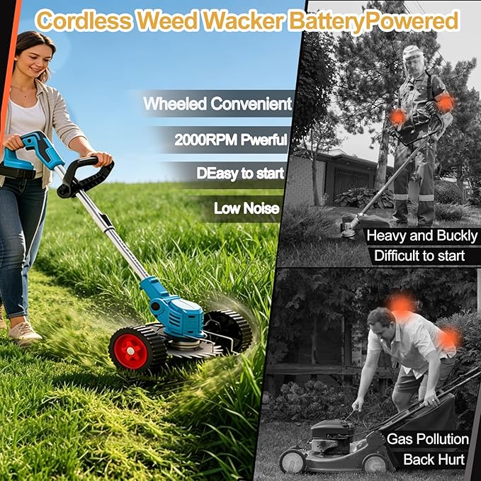 Electric Weed Wacker, 21V Cordless Weed Eater Battery Powered, No String Trimmer with Wheels & Metal Blades, Lightweight Grass Trimmer/Brush Cutter/Lawn Edger, Stringless Weed Trimmer for Yard Garden