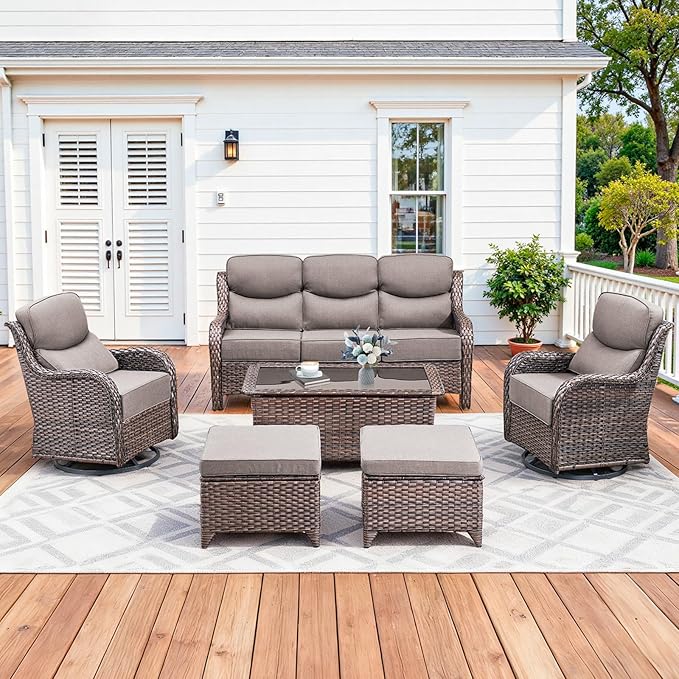 Luxury High Back Patio Furniture Set with 6-Inch Thick Cushions, 6-Pieces Outdoor Furniture with Swivel Chairs, Wicker Conversation Set for Porch, Balcony, Deck and Yard, Brown/Grey