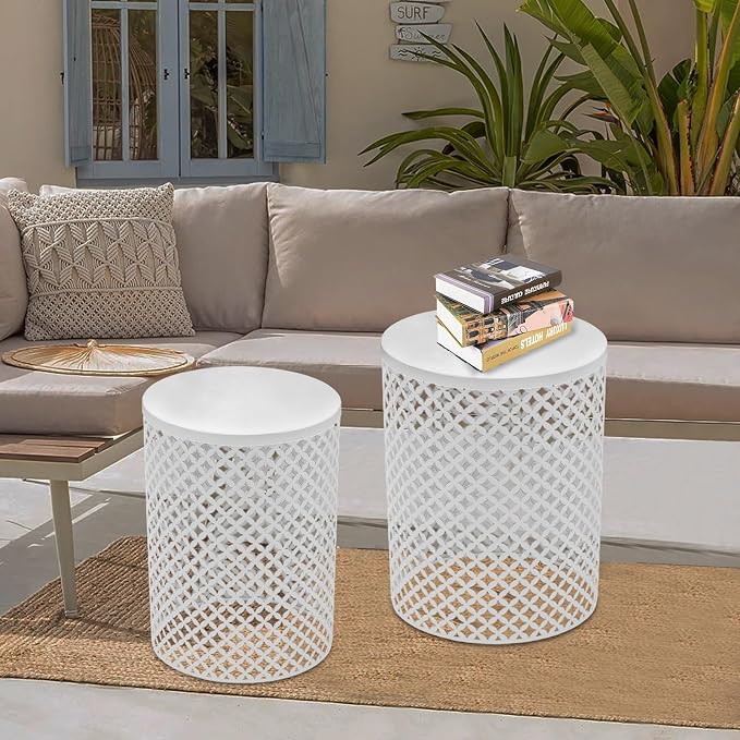 Metal Frame Accent Table,Cylindrical Outdoor Side Table,Decorative Garden Stool,Set of 2 Nesting Side Table,Modern Decorative Garden Stool for Patio Balconies Cafes Parks (2, White)