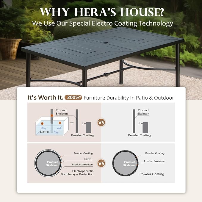 HERA'S HOUSE 64" Outdoor Dining Table with Umbrella Hole, Rectangular Patio Garden Backyard Lawn Table