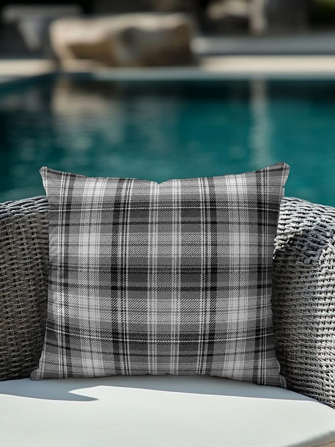 Waterproof Outdoor Pillow 1 Pack Gray Checked Plaid Decorative Throw Pillows Cover & Insert 16x16 Inch Pillowcase Stripes Woven Grid Square Pillows for Couch Sofa Bed Patio Furniture Indoor Outdoor