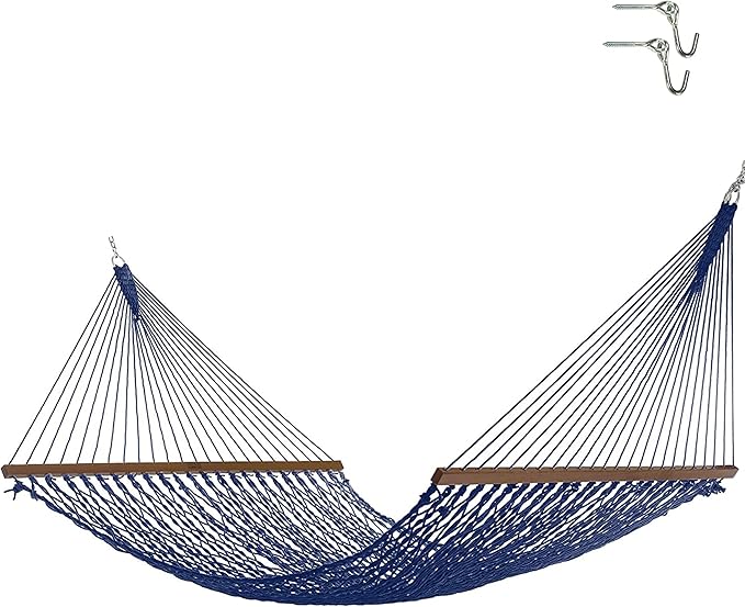 Nags Head Hammocks Admiral Navy DURACORD Rope Hammock – 13 ft. x 65 in., 2-Person, 450 lb Capacity, Cumaru Spreader Bar, Free Chains & Tree Hooks, Handcrafted in The USA