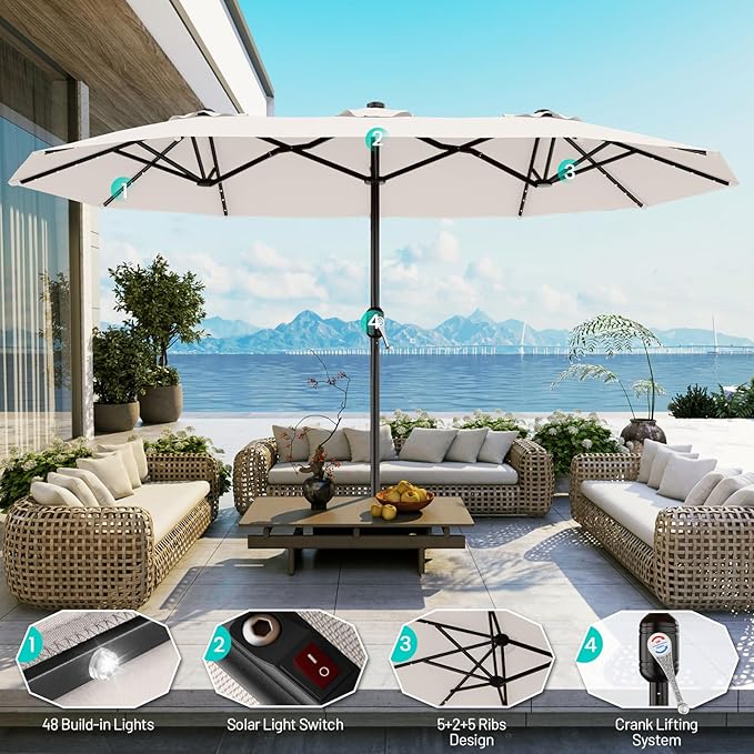AreShark 15FT Patio Umbrella with Solar Lights, Double Sided Outdoor Table Umbrellas with Crank, Large Rectangular Market Umbrella for Porch, Lawn, Pool, Backyard, Cream-White