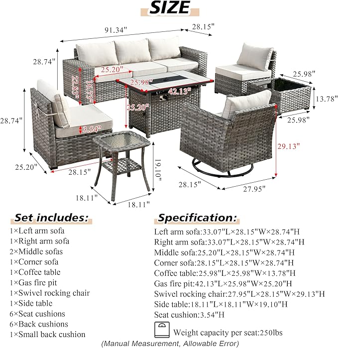 HOOOWOOO Outdoor Patio Sectional Furniture Sofa Set with Large Fire Pit Table,9 Piece Modern Wicker Couch with Swivel Chair,Modular Conversation Seating Set with Widened Armrest(Beige Tan)